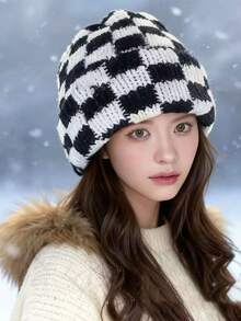 Classic Autumn/Winter Checkerboard Knit Beanie Hat For Women, Korean Fashion Chic, Suitable For Large Head Circumference, Warm Knitted Cap, Versatile Christmas Accessory