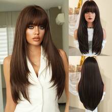 7JHH WIGS Elegant 24 Inch Long Natural Layered Brown Wig With Bangs For Women, Soft Heat-Resistant Fiber Fluffy Full Machine Synthetic Straight Hair Wigs For Daily Wear Music Festivals Celebrations, Graduation Gift & Mother's Gift - Brown - View 12