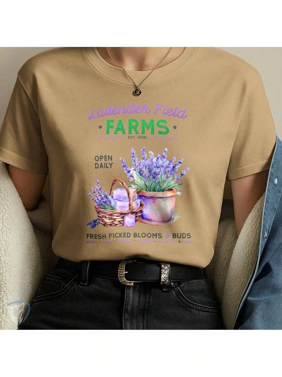 Lavender Field T-Shirt | Artistic Print With Flowers And Countryside Scent - 米色 - 查看 1