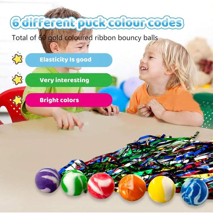 60 bolas hinchables para niños, bolas de goma pequeñas con cintas de colores, rellenos de bolsas de para niños, bolas rebotantes de cometa de 25 mm para niños, regalos de de cumpleaños - 1 - Añade 1