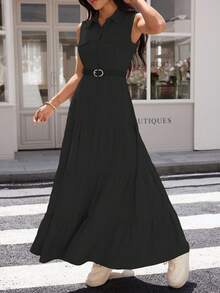 A&DD MODA, REF:AS1801 - Women's Long Shirt Dress With Free Belt: Elegance And Comfort In The Same Look - 黑色 - 查看 3