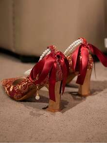 Studded Square Toe Mary Jane Pumps, Versatile Buckle Strap High Heels, Fashionable Sexy Slingback Red Patent Leather Chunky Heels For Women,Party Outfits - Red - View 6