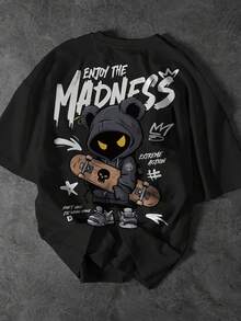 Men's "Enjoy The Madness" Streetwear T-Shirt - Oversized Style With Bear And Skateboard Print, Crew Neck For Urban Fashion And Skate Culture (Machine Washable) - 黑色 - View 3