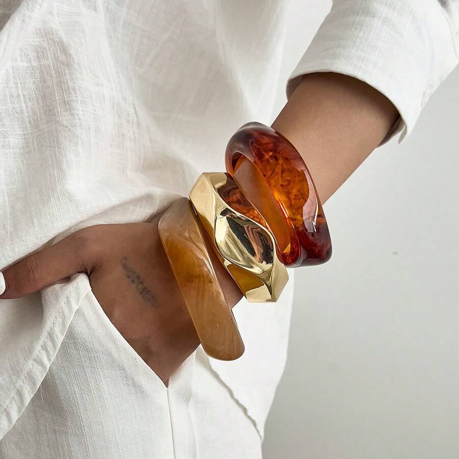 1. Bracelete Vintage Âmbar Tie Dye Acrílico Largo, Bracelete de Resina Transparente Liso, Bracelete Geométrico de Metal Liso Losango