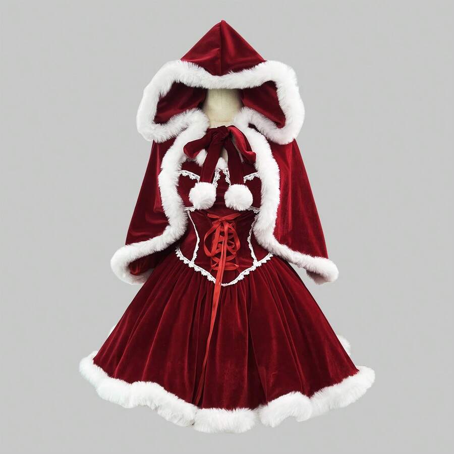 サンタ コスプレ レディース 可愛い サンタコス 衣装 帽子 ケープ付き 3点セット クリスマス サンタクロース 仮装 コスチューム 大きいサイズ 演出服 イベント パーティー 舞台 新年会 文化祭 - レッド - チェックする 1