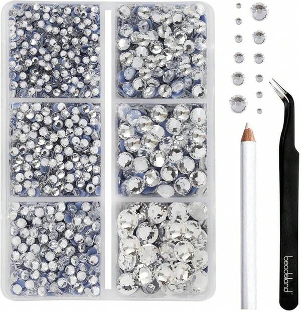 BEADSLAND Strass Hotfix, 4000 piezas de cristales Diamantes de imitación para manualidades en ropa, mezcla de 6 tamaños con lápiz de cera y kit de pinzas, SS6-SS30, Cristal