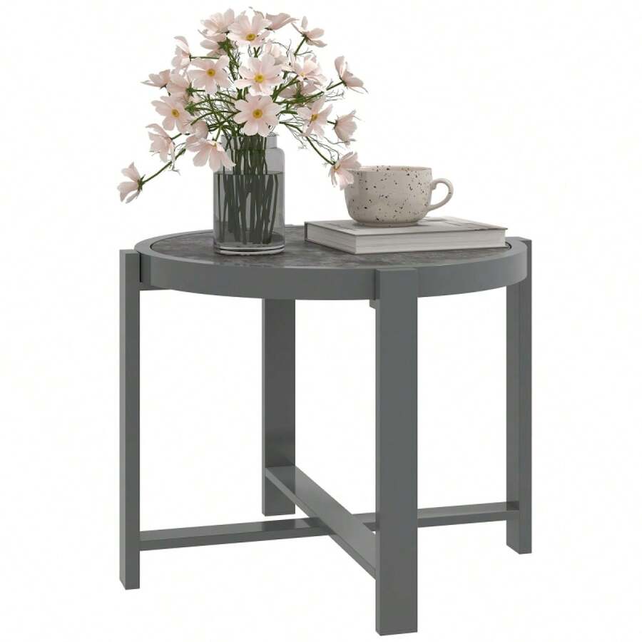 Outsunny Side Table, Round Garden Table, Weatherproof Aluminum Balcony Table With Marble Look, Camping Table, Coffee Table For Living Room, Office, Outdoor, Indoor, Grey - 1 - View 1