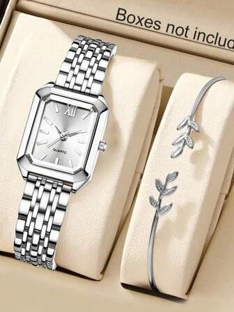 2 pezzi/set, orologio da donna, orologio al quarzo quadrato in lega, abbinato a bracciale, adatto per uso quotidiano o come regalo per la fidanzata