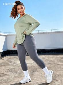 Plus Size Women Long Sleeve Loose Fit Athletic Top With Thumb Holes And Hollow Back Design, Suitable For Autumn, Winter, Gym Workout And Casual Wear Spring - Mint Green - View 7