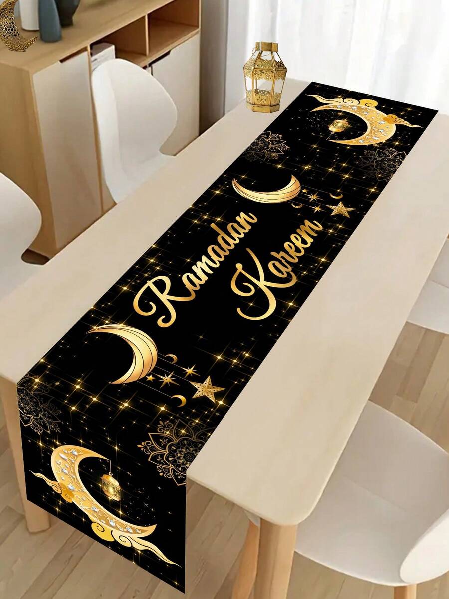 1 khăn trải bàn Eid Mubarak màu đen vàng, cờ bàn Ramadan thiết kế hình mặt trăng sao bằng polyester 35*180cm dùng để trang trí Ramadan cho bàn bếp gia đình, phụ kiện mừng lễ Eid Al-Fitr