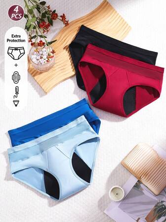 4pcs Women's Solid Color Mesh Splice Leak-Proof Comfortable Breathable Postpartum Period Panties