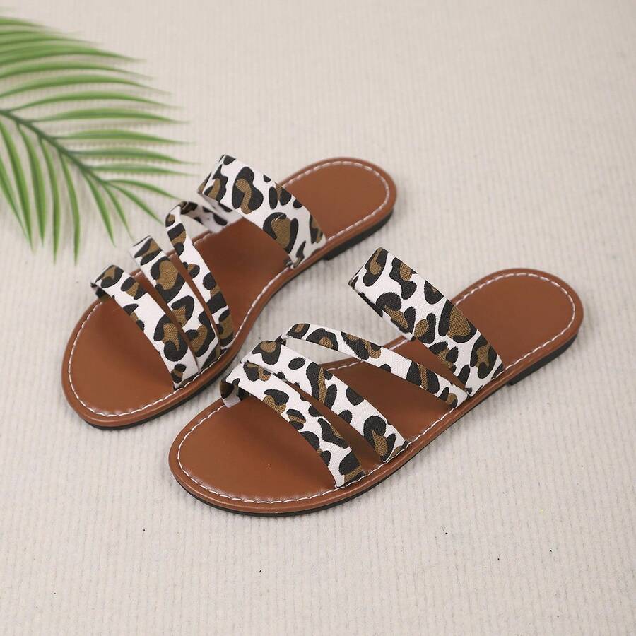 Women's Cow & Leopard Print Slides, Lightweight Open Toe Flat Shoes, Casual Slide Sandals