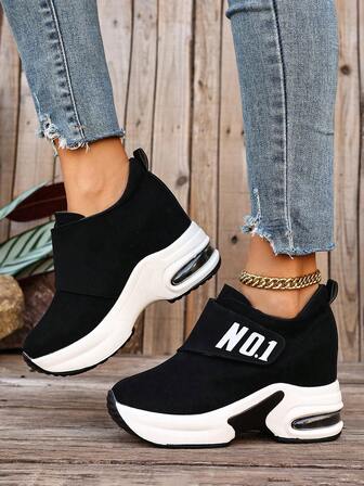 女士魔术贴字母拼接时尚坡跟透气休闲运动鞋，舒适百搭户外运动鞋，学生适用