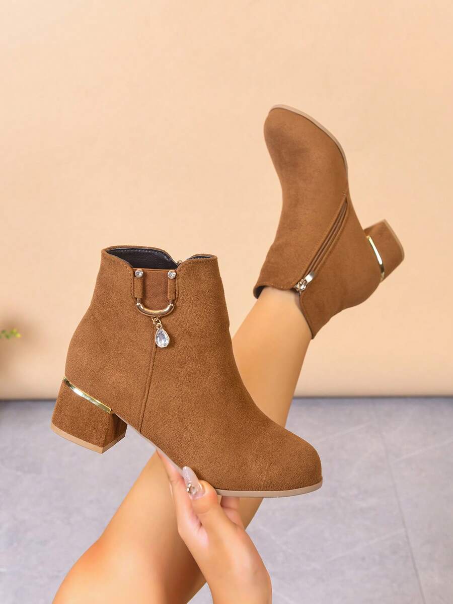 Botas cortas elegantes para mujer, con punta puntiaguda, tacón grueso alto, cierre con cremallera, botas cortas cómodas y versátiles - Camel - Ver 1