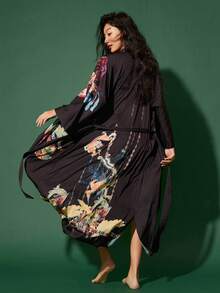 复古日式宽松中长印花和服罩衫，性感睡袍，休闲家居服，适合夏季，大码，沙滩，泳衣罩衫，轻薄防晒