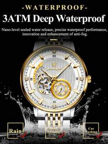 POEDAGAR 1pc Men's Stainless Steel Automatic Hollow Tourbillon Mechanical Wristwatch, Casual Men's Watch, Waterproof Luminous Function, Fashion Men's Wristwatch, Suitable For Daily Wear, Men's Gift - White - View 5