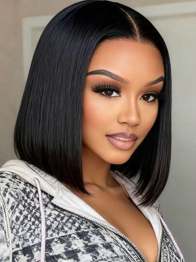 باروكة شعر مستقيم أسود قصيرة 12 بوصة مع فرق متوسط، مناسبة للارتداء اليومي، باروكة تركيبية للنساء موضة جديدة