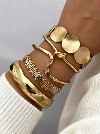 5pcs/Set Minimalist Leaf Shaped Smooth Bangle Bracelets, Asymmetrical Stripe Open Cuff Jewelry Accessories For Women, Suitable For Parties, Gifts, And Daily Wear