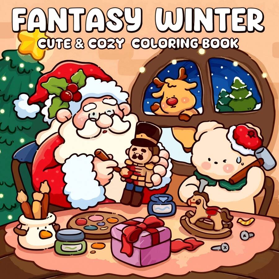 1本21x21厘米“魔法冬日”圣诞成人涂色书，厚实不透明纸张，线条清晰 | 圣诞老人、迷人的驯鹿和温馨的节日场景，缓解压力，文具及学习用品，送给女孩的完美礼物，适合婚礼季、母亲节 - 奇幻冬日 - 查看 1