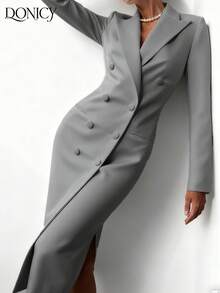 DONICY 女士服装套装 双排扣纯色优雅白色西装外套 时尚休闲长款纽扣大衣 适合春夏季节、情人节、狂欢节等场合 - 灰色 - 查看 3