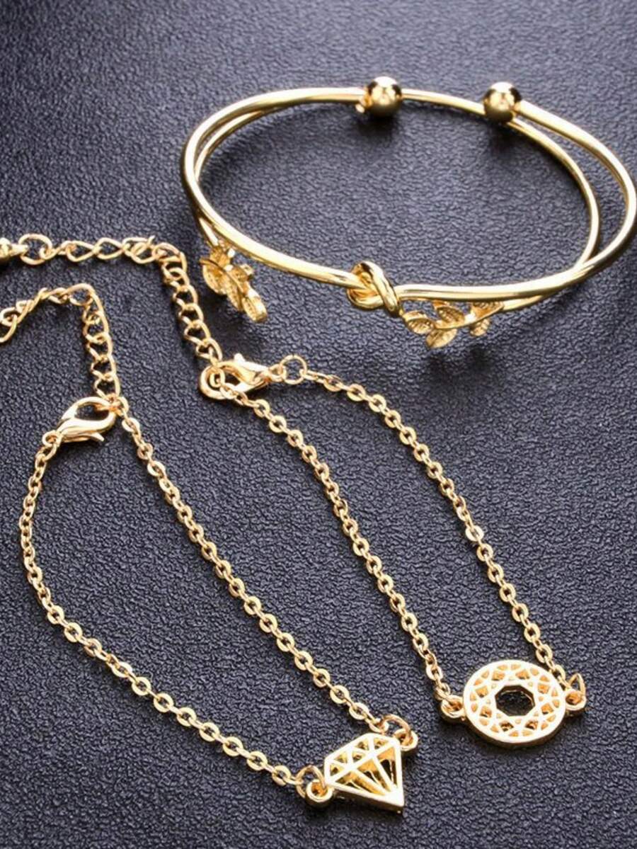 4PCS Gold Plated Bracelet Set Leaf Design Collection Diamond Accents Adjustable Minimalist Chains Stackable Jewelry Gift For Women Daily Wear Wedding Party Festival Special Occasions