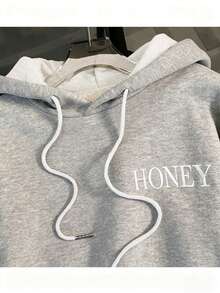 女士新款时尚休闲舒适灰白拼接撞色蜂蜜刺绣弹力腰两件套，纯色设计，适合秋冬春季休闲、居家、日常、户外、通勤穿着。 - 灰色 - 查看 3