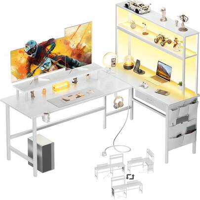 DLONGONE L Shaped Desk With LED Light & Power Outlet, Reversible Corner Gaming Desk With Storage Shelves & Drawer, Computer Table With Monitor Stand For Home Office, Work & Study,L Shape Set 2 Desks & Storage Shelf, White