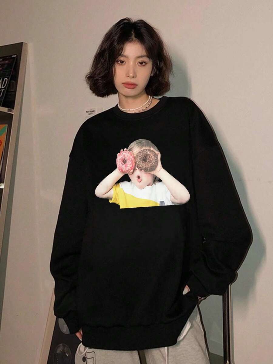 Y2k, 320g Casual Lazy Style Women's Fall/Winter Fashion Loose Round Neck Long Sleeve Sweatshirt, Cartoon Character Pattern Print, Soft Fabric, Unisex One-Piece Wear Outside Funny Pullover Top - Black [Women's Winter Clothing/Sweatshirts] - View 1