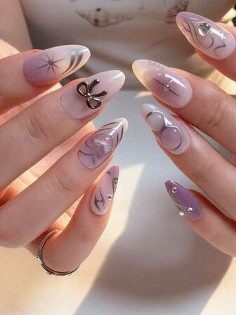 24 Stücke Y2K Nägel Lila Farbverlauf Aufklebe-Nägel Katzenauge Kunstnägel 3D Dreidimensionale Dekorations-Nägel Kunst Kurze Mandelform Fake Nägel Maniküre Set beinhaltet 1 Stück Blatt Klebestreifen & 1 Stück Mini Feile, perfekt für den täglichen Gebrauch