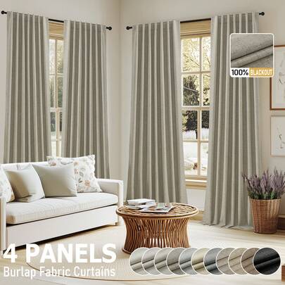 4pcs Burlap Linen Blackout Curtains For Living Room/Bedroom, Back Tab Faux Linen Textured 100% Blackout Drapes, Thermal Insulated Privacy Protection Farmhouse Window Curtains