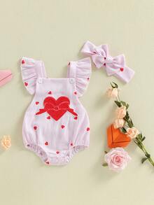 Conjunto de San Valentín para niña recién nacida, mono a rayas con estampado de corazones, sin mangas, con volantes y cuello cuadrado, mono de algodón y lino, ropa para mi primer día de San Valentín con diadema - Rosa - Ver 3
