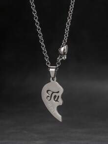 2pcs Fashionable Hollow Heart & Letter Stainless Steel Pendant Necklace, Adjustable Clasp, Suitable For Couples Everyday Wear, Valentine's Day Gift For Boyfriend/Girlfriend - Silver - View 2