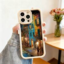 Cubierta de teléfono con diseño de calle europea colorida en tonos azules y amarillos para iPhone 14 Pro Max negro estilo urbano elegante para uso diario - Café integral - Ver 4