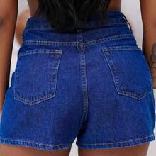 Women's Premium High Waist Denim Butt Lifting Shorts With Hem, Summer Fashion, New Release, Promotion - 深色水洗藍 - 查看 4
