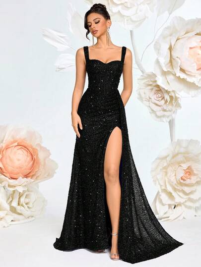 ADYCE Vestido largo con tirantes gruesos de lentejuelas, cuello en forma de corazón, cintura alta, faja de satén, abertura lateral y cierre con lazo, adecuado para baile de graduación, fiesta de cumpleaños, cena formal, cita, regreso a casa, invitado de boda, gala, reunión familiar, vacaciones, Año Nuevo y otras ocasiones