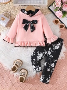 Baby Girls Autumn Outfit, Hoodie Jacket With Flare Sleeves & Bow Hem, Paired With Floral Print Elastic Waist Pants, Comfortable Outdoor Set - Multicolor - View 1