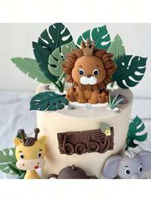 Forest Leaf Cake Topper, Jungle Animal Soft Doll, Lion Giraffe Elephant Monkey Turtle Leaf Grass Cake Decoration, Suitable For Birthday Cake Decoration, Christening Forest Theme Party Cake Decoration Supplies(Please Use With The Tray.)