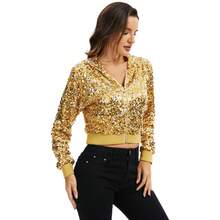 Women's Sequin Zip-Up Hooded Jacket With Ribbed Hem And Long Sleeves For Party Wear - Gold - View 3