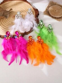 NAIZHU 1 Pair Stylish Luxury Sexy Exaggerated Feather & Rhinestone Earrings, Fashion Party Accessories, Random Feather Design