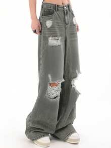 Women's Distressed Straight Leg Jeans Casual Spring - Grey - View 4