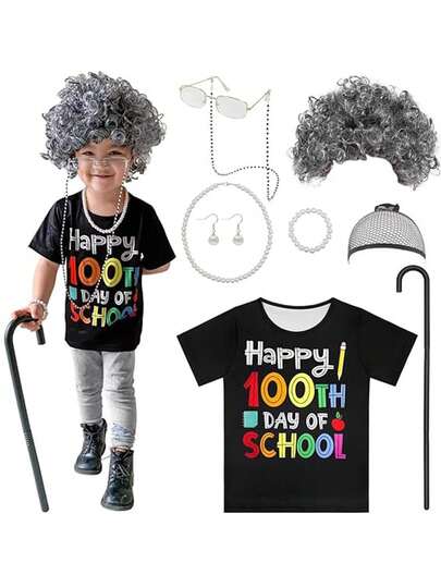 Old Lady Costume For Girls,100 Days Of School Old Lady Costume For Kids, Granny Grandma Easter Dress Up Happy 100 Days T-Shirt+Accessories 8 PCS Outfits Set