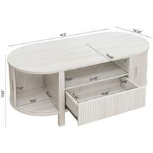 ONBRILL White Oval Coffee Table, 47 Inch Fluted Coffee Tables With Cabinets & Sliding Doors, Mid-Century Modern Living Room Tables, Center Table With Storage And Wood Handle For Living Room, Home Small Space - White - View 4