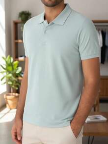 Ogochi Men's Basic Plain Polo Shirt With Logo, No Pocket, Original - 灰霧 - 查看 3