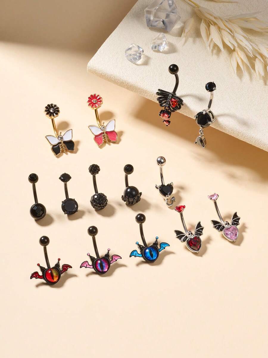1 件装时尚不锈钢万圣节肚脐环，适合女士，14G 黑色蝙蝠骷髅肚脐环，红色方晶锆石肚脐穿孔饰品肚脐环，适合万圣节 - 肚環 - 查看 1