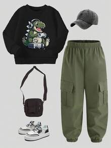 Ciepła bluzka dla chłopców z nadrukiem w kreskówkowym stylu, z okrągłym dekoltem i długimi rękawami oraz długimi spodniami w jednolitym kolorze