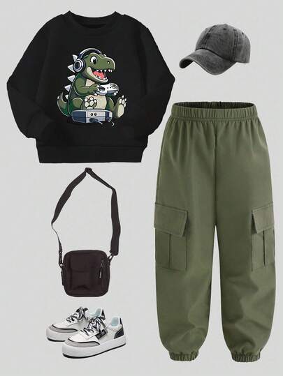 Ciepła bluzka dla chłopców z nadrukiem w kreskówkowym stylu, z okrągłym dekoltem i długimi rękawami oraz długimi spodniami w jednolitym kolorze