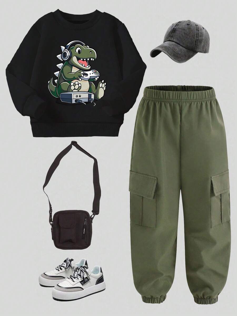 Ciepła bluzka dla chłopców z nadrukiem w kreskówkowym stylu, z okrągłym dekoltem i długimi rękawami oraz długimi spodniami w jednolitym kolorze