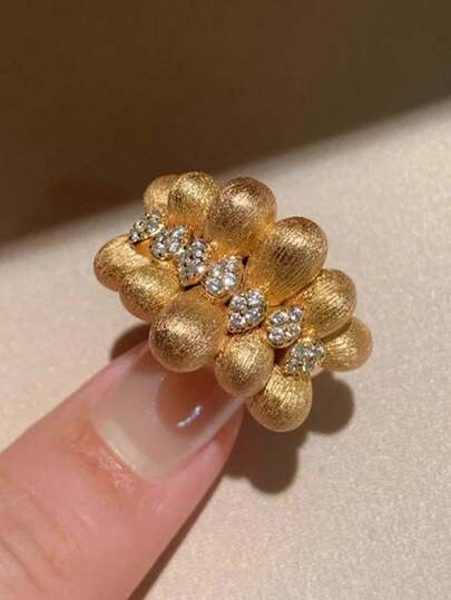 1 pieza Anillo ajustable de mujer con estilo francés vintage, textura lujosa, circonita cúbica y baño de oro de 18K