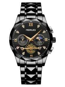 1pc Men's Business Steel Band Triple Eye Chronograph Moon Phase Luminous Fashionable Casual Versatile Quartz Wrist Watch