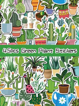 45pcs Green Plant Stickers Plant Themed Stickers Irregular Shape Suitable For DIY Laptop Skateboard Mobile Phone Case Guitar Manual Calendar Books Decorative Stickers Plastic Glass Metal Ceramic Surface Not Repeated